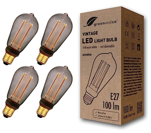 greenandco 4x Vintage Design LED Lampe zur Stimmungsbeleuchtung E27 ST64 Edison Glühbirne 4W 100lm 1800K smoke extra warmweiß 320° 230V flimmerfrei, nicht dimmbar, 2 Jahre Garantie