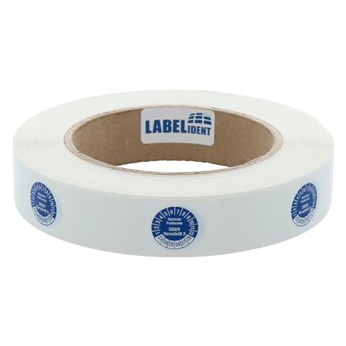 Labelident Kabelprüfplaketten 20 x 50 mm für Kabel-Ø 6,0 bis 12,0 mm - Nächster Prüftermin DGUV Vorschrift 3 - 1000 Prüfplaketten auf Rolle 2023-2028, Vinylfolie blau