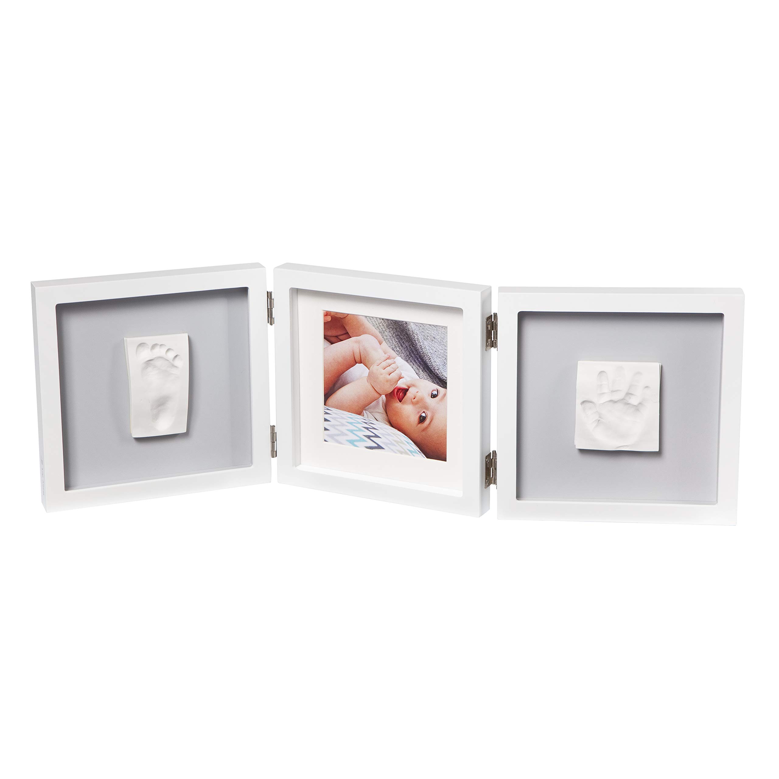 Baby Art Bilderrahmen, dreiteiliger Fotorahmen mit Gipsabdruck für Baby Fußabdruck oder Handabdruck, schönes Erinnerung Andenken oder Geschenk, Maße: 20 x 51 x 17 cm & eckig, Grau