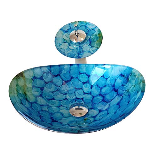 Homelava Modern Gehärtetes Glas Waschbecken mit Wasserfall Armatur Set (Blau 7)