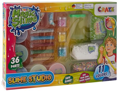 CRAZE Magic Slime Studio Schleim Selbermachen Set DIY Slime Kit 11 Farben mit Zubehör Fluffy Slime mit Perlen Glitzer & Spezialleffekte Schleim Kinder 32862