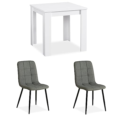 Homestyle4u 2371, Essgruppe mit 2 Stühlen Weiß Grau, Küchentisch Esstisch 80x80 cm Holz Massiv