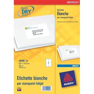 Weiße QuickDry Etiketten für Avery Adressen, 63,5 x 38,1 mm, 21 et/ff - J8160-25 (25), Code J8160-25