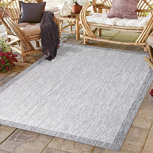CC Teppich In-Outdoor Wetterfest - Grau Weiß - 160x230cm - Modernes Design Liniert Rahmen Wetterfeste Balkonteppiche