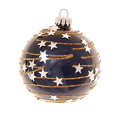 Krebs Glas Lauscha - Weihnachtsdekoration/Christbaumschmuck aus Glas - Weihnachtskugeln - Motiv: Kobaltblau-glänzend mit Sternenhimmel - Größe: 6 mal 8cm