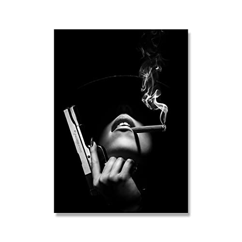 Schwarz-Weiß-Frauen Rauchen Wandkunst Cool Girl Leinwand Gemälde Poster und Drucke Moderne Pop-Art-Drucke Home Wall Decor 70 x 100 cm ungerahmt