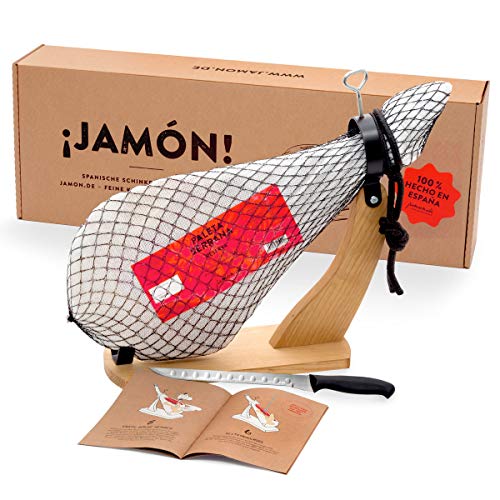 Jamon-Box Nr. 1 - Serrano Schinken 4,5 Kg im Geschenkkarton mit Zubehör | Schinken-Set inklusive Schinkenständer, Messer & Schneide-Anleitung | ideal für Schinken-Einsteiger & als Geschenk