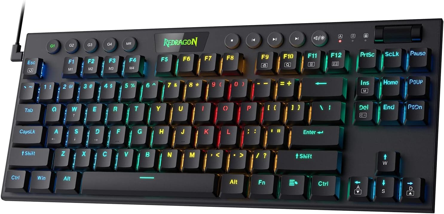 Redragon K622 TKL RGB Mechanische Tastatur, ultradünne kabelgebundene Gaming-Tastatur mit flachen Tastenkappen, dedizierter Mediensteuerung und klickendem blauen Schalter, Pro-Software unterstützt