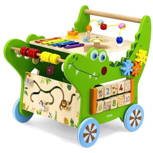 Lauflernwagen Baby Aktivity Walker, Lauflerner, Motorikbrett, Motorikspieltisch auf Rädern mit Formensteckspiel, Motorikschleife, aus FSC-Holz, mit Gummilaufringen und Motorikspielzeug, Motorikwürfel