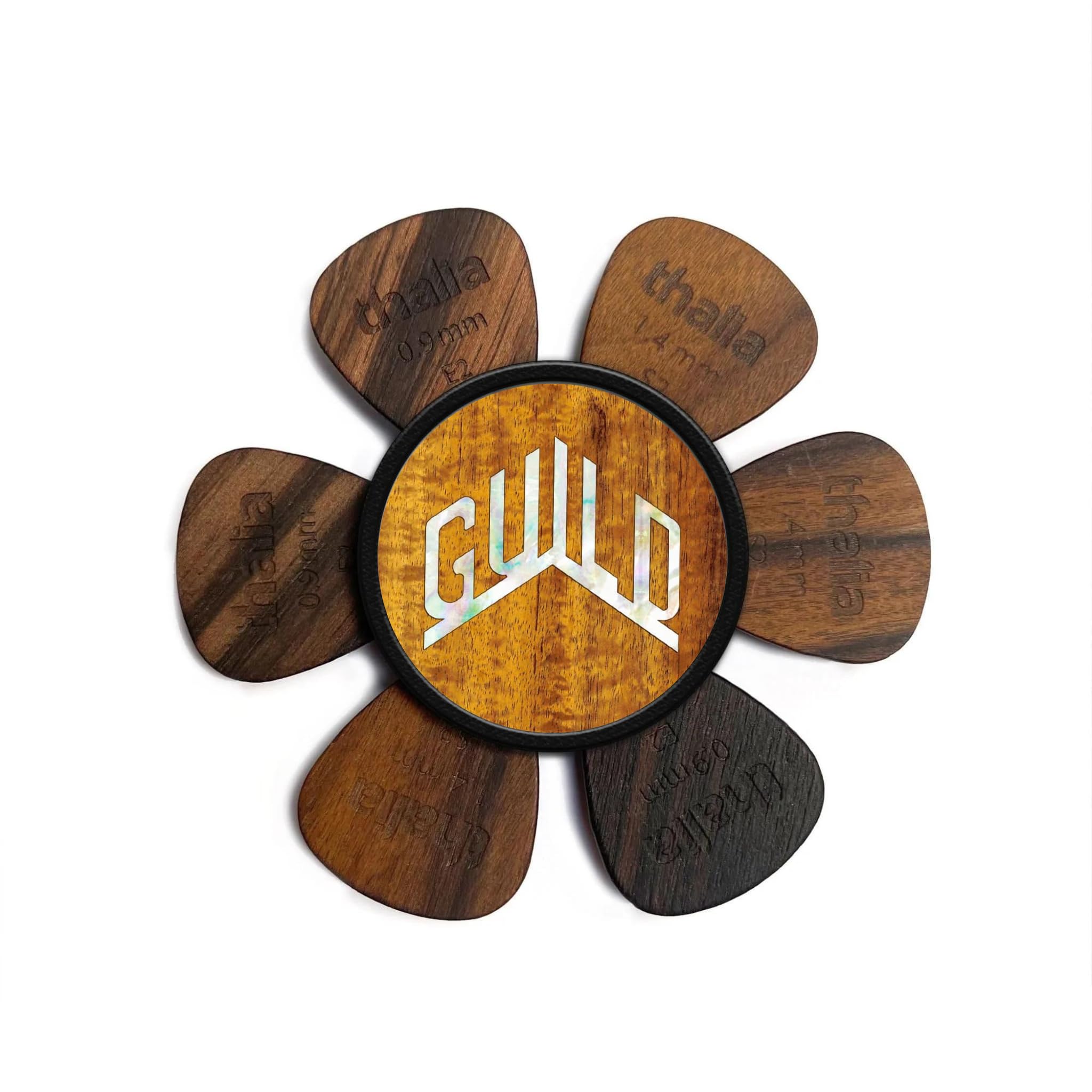 Guild Pick Puck – AAA Hawaaian Curly Koa mit Gildenperl-Logo