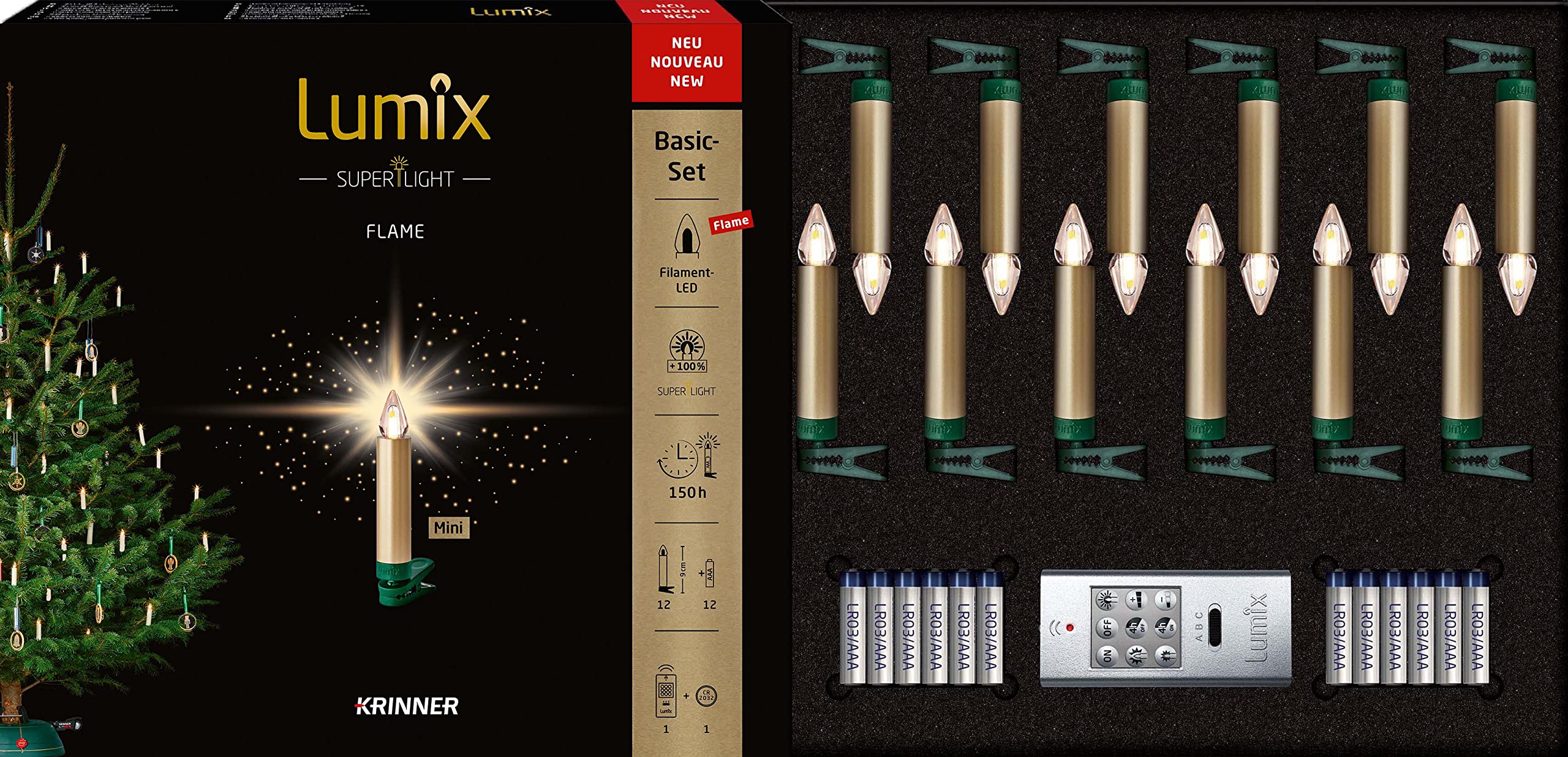 Lumix® kabellose LED Christbaumkerzen Weihnachtsbaumkerzen 12er Basis-Set SuperLight Flame Metallic Mini Gold 9cm warmweiß inkl. Fernbedienung 77143