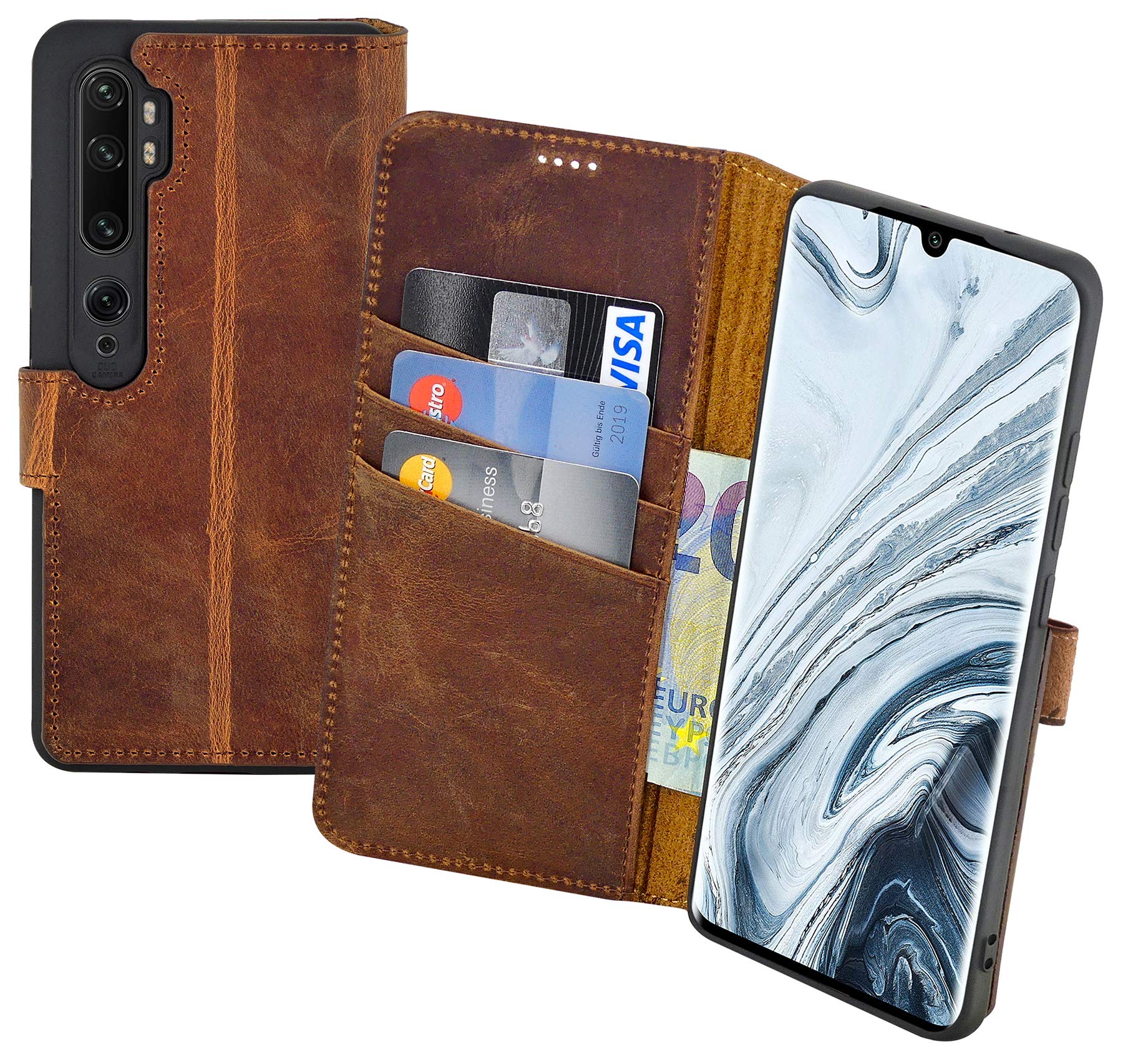 Suncase Book-Style Hülle kompatibel mit Xiaomi Mi Note 10 Pro Leder Tasche (Slim-Fit) Lederhülle Handytasche Schutzhülle Case mit 3 Kartenfächer in antik-Coffee