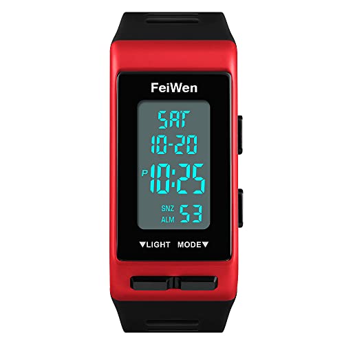 FeiWen Unisex Digital Uhren Outdoor Sport Multifunktional Rechteck Plastik Herren und Damen Armbanduhren mit Kautschuk Band LED Doppelte Zeit Alarm Countdown, Rot