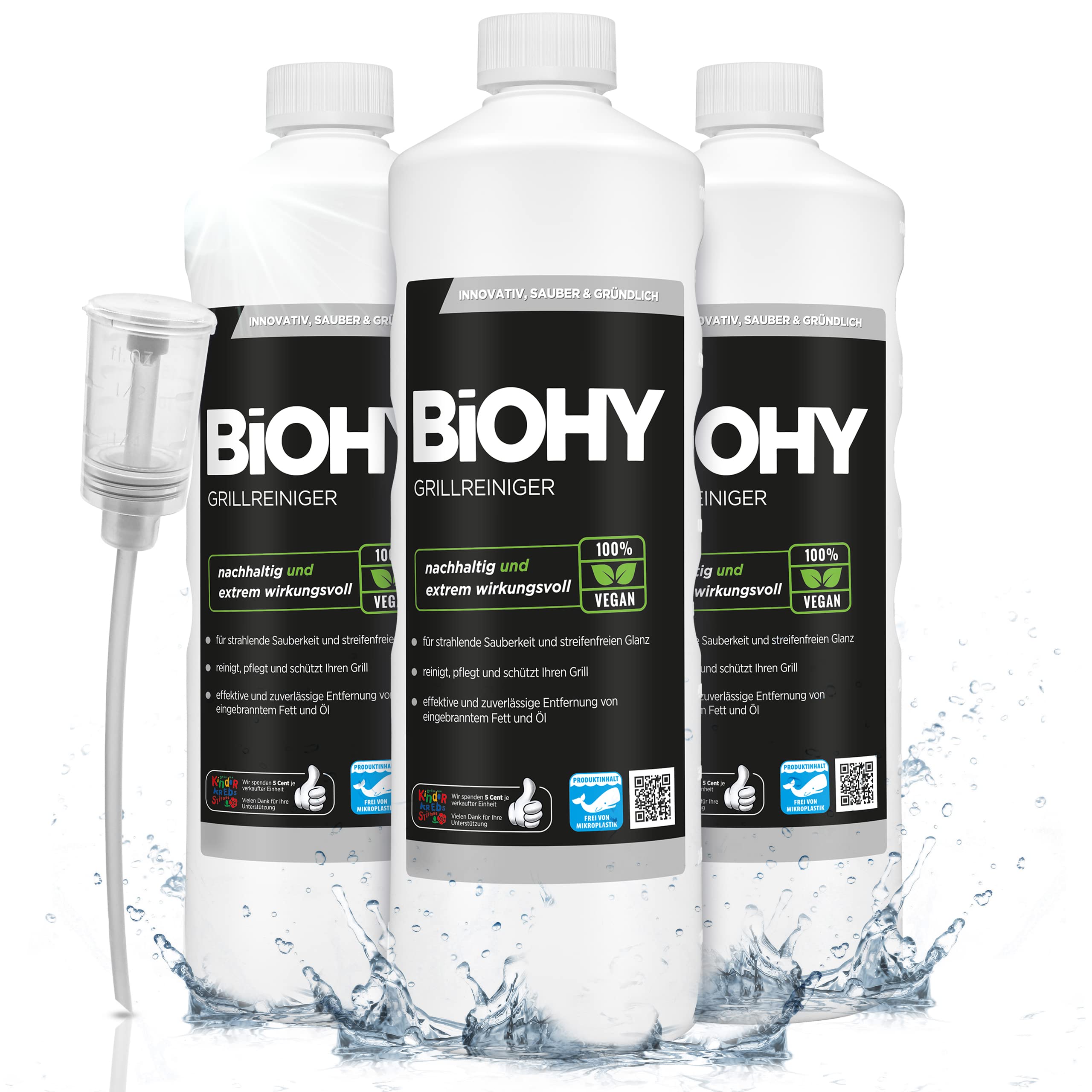 BiOHY Grillreiniger (3 x 1 Liter) + Dosierer | Reiniger für Holzkohle-, Gas- und Elektrogrill | Hocheffektiv gegen angebranntes Fett und Öl | Pflegt und schont das Material | Veganes Bio Konzentrat