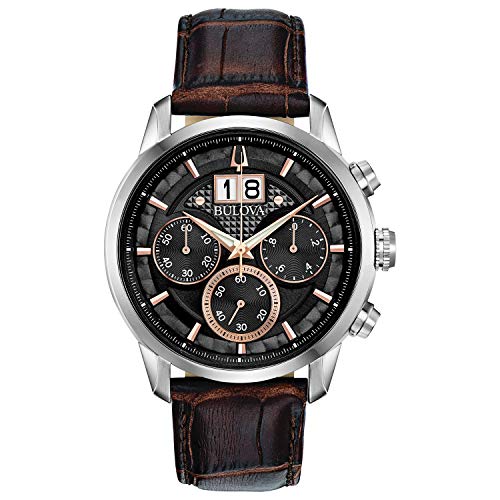 Bulova Sutton Herren-Armbanduhr Chronograph schwarzes Zifferblatt Leder 96B311
