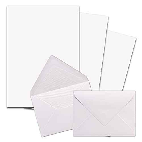 100x Sets Briefpapier DIN A4 mit weiß gefütterten Briefumschlägen im Format C6, Nassklebung - Weiß - Briefset aus edlem Papier mit passenden Kuverts