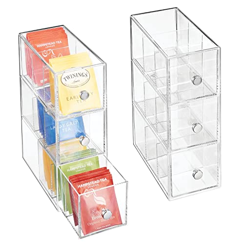 mDesign Küchen Organizer mit jeweils 3 Schubladen – Aufbewahrungsbox für Teebeutel, Kaffeepads, Süßungsmittel und mehr – Teekiste aus Kunststoff – 2er-Set – durchsichtig