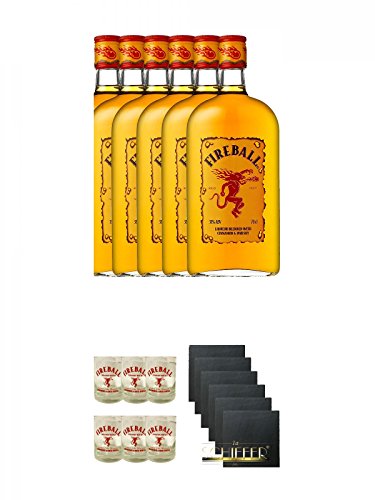 Fireball Whisky Zimt Likör Kanada 6 x 0,7 Liter + Fireball Gläser mit Schriftzug 6 Stück + Schiefer Glasuntersetzer eckig 6 x ca. 9,5 cm Durchmesser