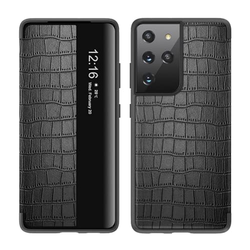 CHNZUX Hülle Für Samsung Galaxy S23/S23 Plus/S23 Ultra Krokodil Strukturiertes Leder Flip Smart View Case Stoßfeste Schutzhülle (Schwarz,S23)