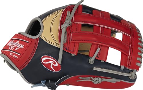 Rawlings Pro bevorzugter Baseballhandschuh | Ronald Acuna Jr. Muster | Linkshänder | 32,4 cm – Pro H-Web | Marineblau/Rot/Kamel