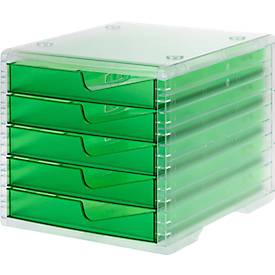 Schubladenbox styro® styroswing light, 5 Schübe, Auszugsperre & Griffmulde, stapelbar, B 270 x T 340 x H 255 mm, Polystyrol, transparent-gecko