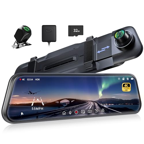 Pelsee P10 Pro 25.4 cm (10 Zoll) 4K-Spiegel-Dashcam, Rückspiegel-Kamera, Smart Driving Assistant mit ADAS und BSD, Parkplatzüberwachung, kostenlose 32 GB Speicherkarte
