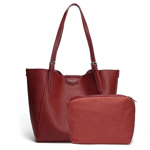 David Jones - Handtasche für Damen – Einkaufstasche aus weichem Kunstleder – Tasche für den Unterricht Schule und Arbeit – Einkaufstasche, groß, A4, lange Henkel, 2-teilig mit Federmäppchen, rot,