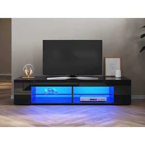 SONNI TV Schrank Lowboard mit LED-Beleuchtung(12 Farben können eingestellt Werden) Fernsehtisch Fernsehschrank Glasböden Schwarz 135x39x30cm