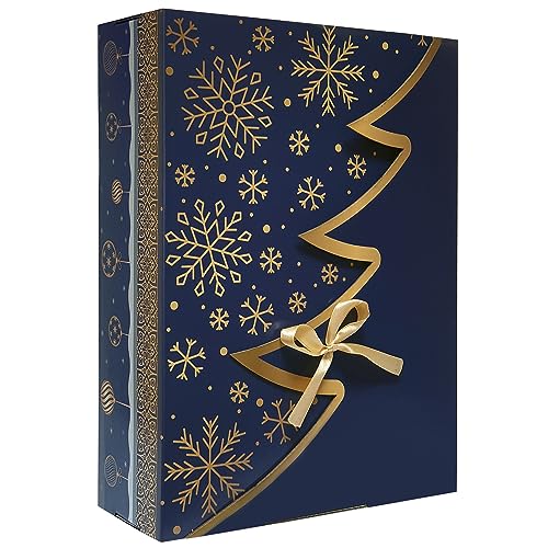 Premium Blau Bedruckte Weihnachtsbaum Geschenkbox – 24 Stk – 35x25x10 cm | Eingetragenes EU-Design | Anpassbares Band | Nachhaltige Verpackungslösung