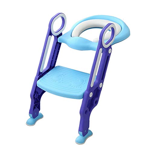 Kinder Toilettentrainer Toilettensitz mit Treppe, Fußpolster ist Höhenverstellbar Rutschfestes Fußbrett, Belastbarkeit 75kg Blau und Weiß