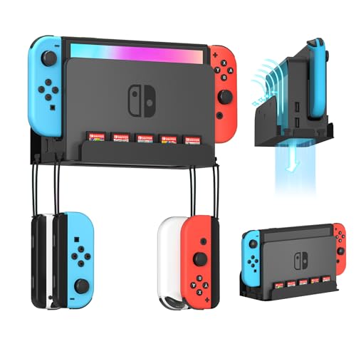 Wandhalterung für Switch und Switch OLED, Wiilkac Wandhalterung für Switch mit 5 Spielkartensteckplätzen und 4 Joy Con Haken, Platz sparen, schnelle Wärmeableitung (Schwarz)…