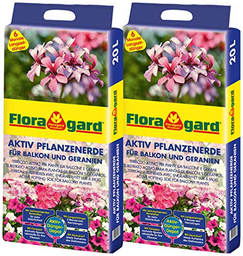 Floragard Aktiv Pflanzenerde für Balkon und Geranien 2x20 L - mit 6 Monate Langzeitdünger - 40 Liter