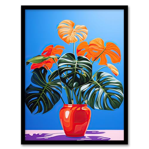 Colourful Monstera Plant Stylised Graphic Still Life Artwork Framed Wall Art Print A4