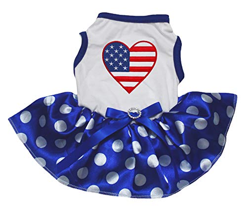 Petitebelle Hundekleid mit USA-Herzmotiv, Weiß/blaue Punkte, Größe XXL