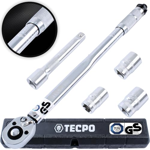 TECPO Drehmomentschlüssel Satz 1/2 Zoll Werkzeug 470mm lang 40-210 Nm 3x Steckschlüssel Nüsse 17mm 19mm 21mm + Verlängerung 125 mm lang aus Chrom Vanadium Stahl