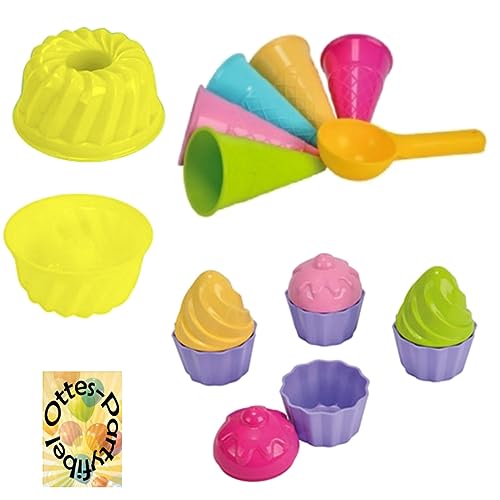 HHO Sandspielzeug: 1 Kuchen-Sandform + 5 Eistüten + 1 Portionierer + 8tlg. Cup Cake Sandförmchen Sandkasten Kindergarten