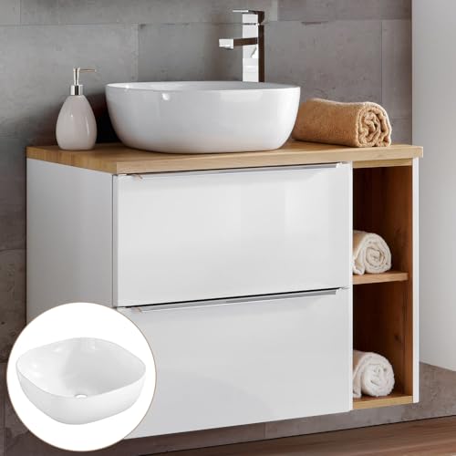 Lomadox Badezimmer Waschtisch Set mit 60cm Keramik-Aufsatzwaschbecken, Hochglanz weiß & Wotaneiche, Breite 80cm