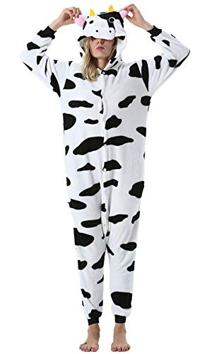 ULEEMARK Damen Herren Jumpsuit Onesie Tier Fasching Halloween Kostüm Lounge Sleepsuit Cosplay Overall Pyjama Schlafanzug Erwachsene Unisex Kuh for XL
