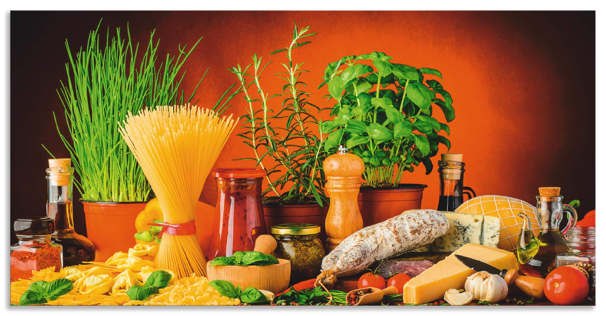 ARTland Spritzschutz Küche aus Alu für Herd Spüle 100x50 cm (BxH) Küchenrückwand mit Motiv Essen Lebensmittel Gemüse Kunst Mediterran Italienisch Bunt S7SM