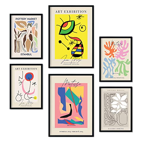 Nacnic Set von 6 abstrakten Kunst Poster. Sammlung von Platten mit ästhetischer Collage für Innendekoration. Größen A3 und A4. Schwarzer Rahmen.
