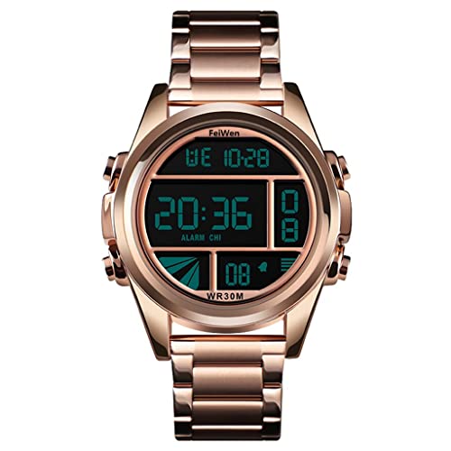 FeiWen Herren Fashion Edelstahl Uhren LED Elektronik Alarm Stoppuhr Outdoor Militär Sportuhr Multifunktional Digitaluhr Luxus Casual Armbanduhr (Rosa)