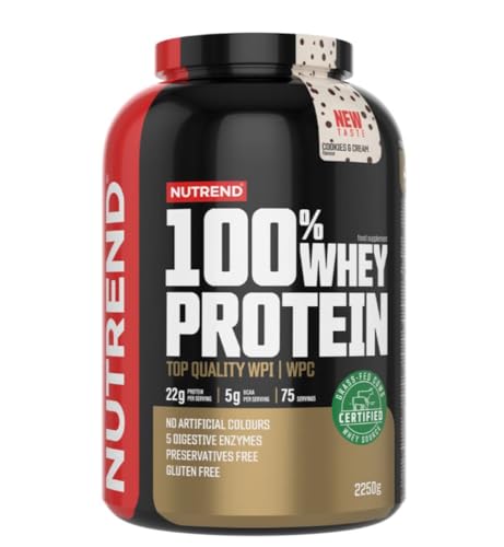Nutrend 100% Whey Protein - Whey Protein Concentrate - Proteinpulver für den Muskelaufbau - Ergänzung für Bodybuilder - Aminosäuren - BCAA - 1er Pack x (Cookies Cream, 2250g)
