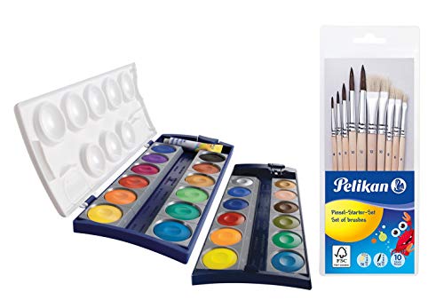 Pelikan Unisex Jugend 720631 K24, 24 Qualitätsfarben und 1 Tube Deckweiß (7,5 ml), nach Din 5023 (Deckfarbkasten + Pinselset 10tlg.), Mehrfarbig, 11-teiliges Set