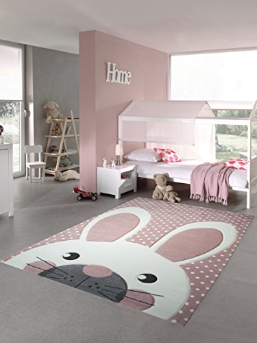 Kinderteppich Spielteppich Teppich Kinderzimmer Babyteppich Hase in Rosa Weiss Grau Größe 120 cm Rund