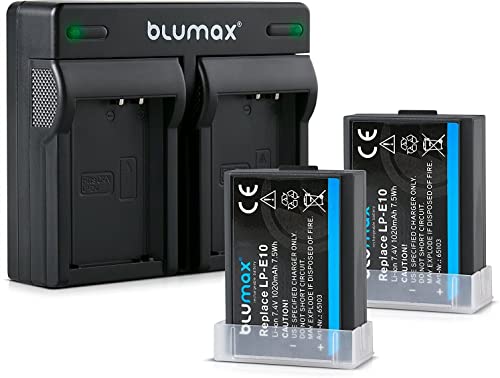 Blumax 2X Akku + Mini Doppelladegerät LC-E10e Netzteil Ladegerät für Canon LP-E10 1020mAh kompatibel mit Canon EOS 1100D 1200D 1300D | EOS Rebel T3-T5-T6 1020mAh