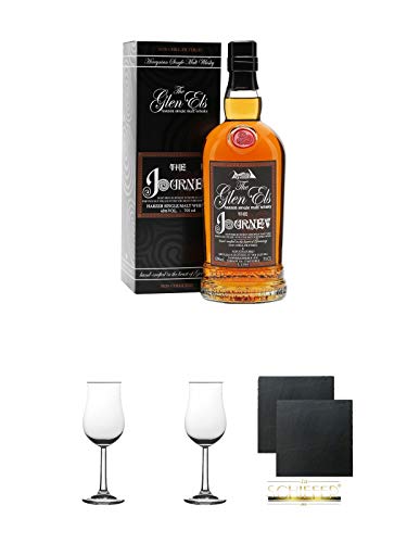 The Glen Els Journey Harzer Single Malt Whisky 0,7 Liter + 2 Bugatti Nosing Gläser mit Eichstrich 2cl und 4cl + 2 Schiefer Glasuntersetzer eckig ca. 9,5 cm Ø