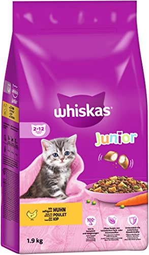 Whiskas Katzenfutter Trockenfutter Junior Kitten <1 mit Huhn, 4 Beutel (4 x 1,9 kg)