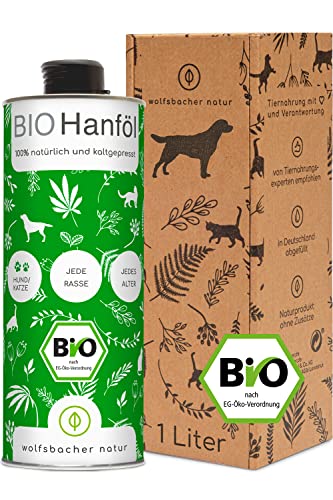 Wolfsbacher Natur - Bio Hanföl für Hunde und Katzen (1 Liter), kaltgepresst aus kontrolliert biologischem Anbau, natürliche Haut- und Fellpflege für Haustiere, DE-ÖKO-060