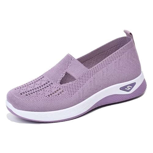 Women's Woven Breathable Soft Sole Shoes,Comfortable Mesh Up Stretch Sneakers,Slip-on Orthopedic Shoes (Light Purple,41)