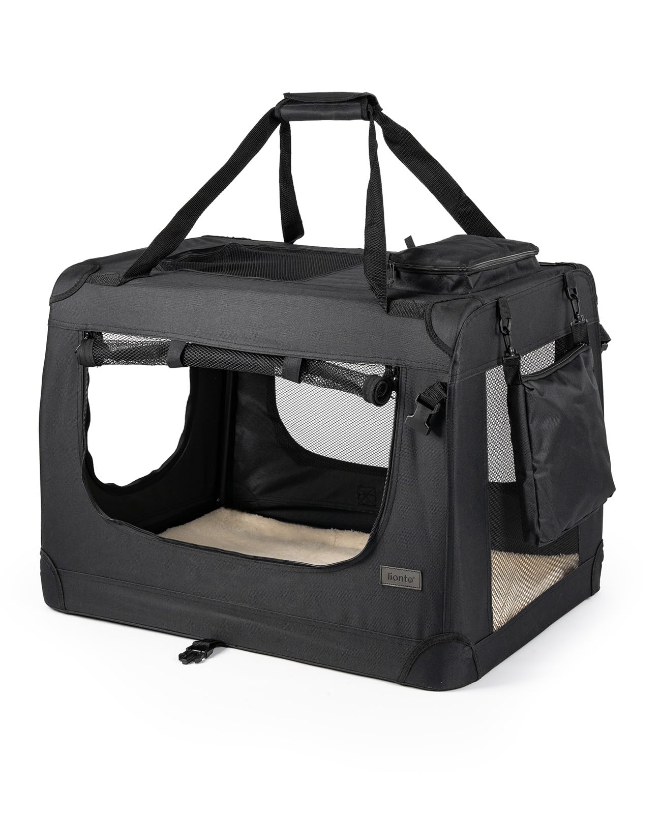 lionto Hundetransportbox faltbar für Reise & Auto, 82x58x58 cm, stabile Transportbox mit Tragegriffen & Decke für Katzen & Hunde bis 18 kg, robuste Hundebox aus Stoff für klein & groß, schwarz